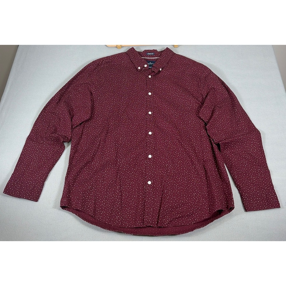 American Eagle Seriously Soft Mens XXL Burgundy Polka Dot Button Down Shirt 0380